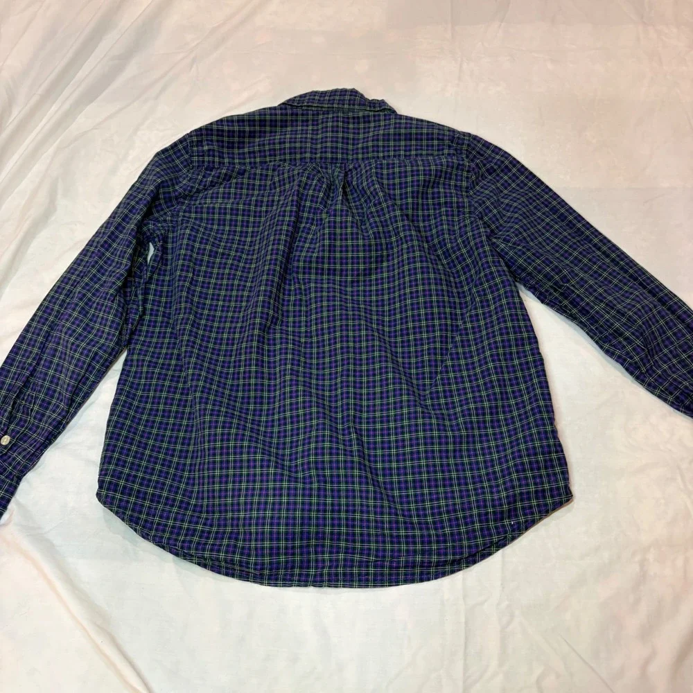 Ralph Lauren Boys Blue Green Plaid Button Down Shirt Sz L 14-16 Cotton Pony Logo